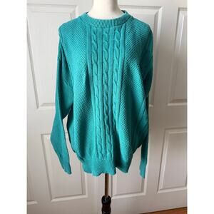Par Four Vtg 90s Teal Cable Knit Cotton Sweater Size M Oversized Golf Academia